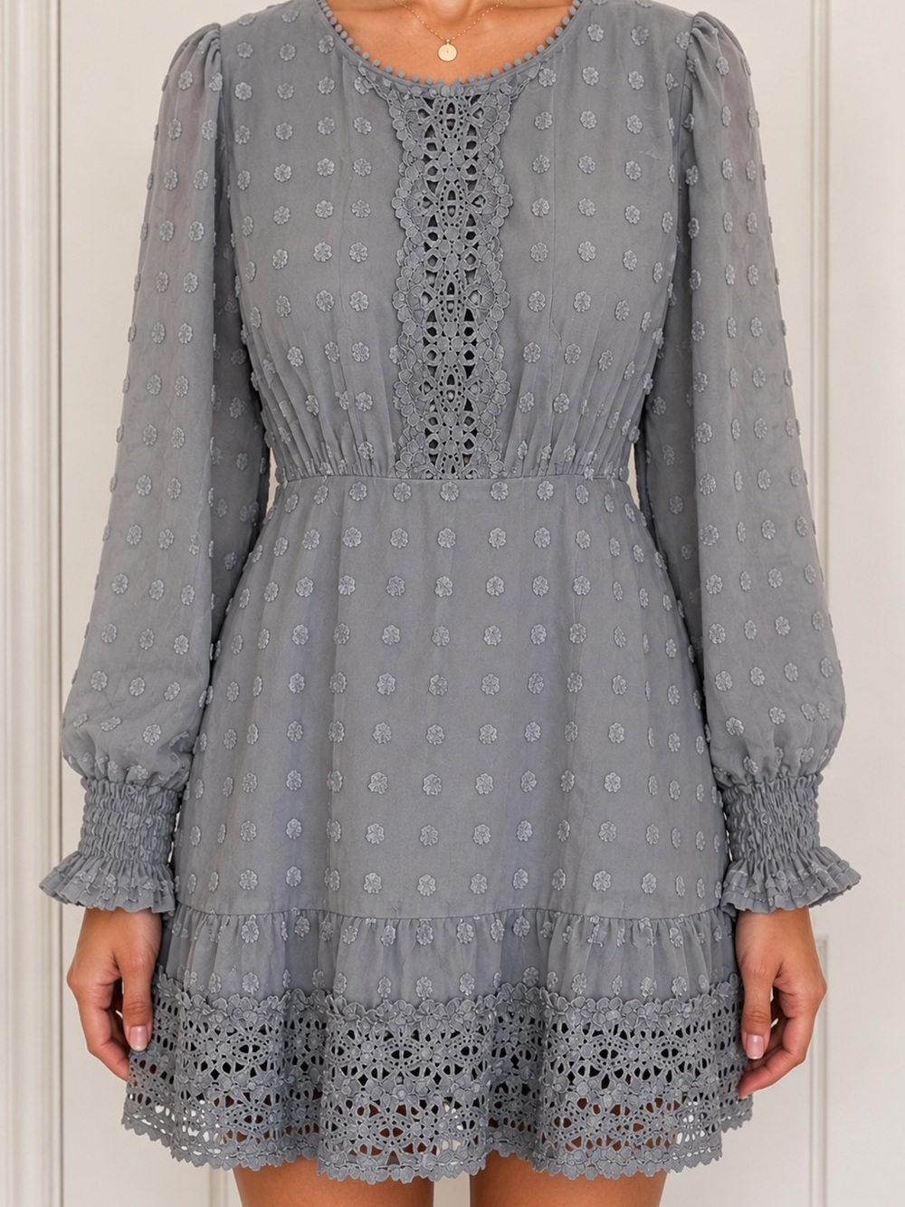 NWT Petal + Pup Grey Swiss Dot Lace Trim Long Sleeve Mini Dress Small